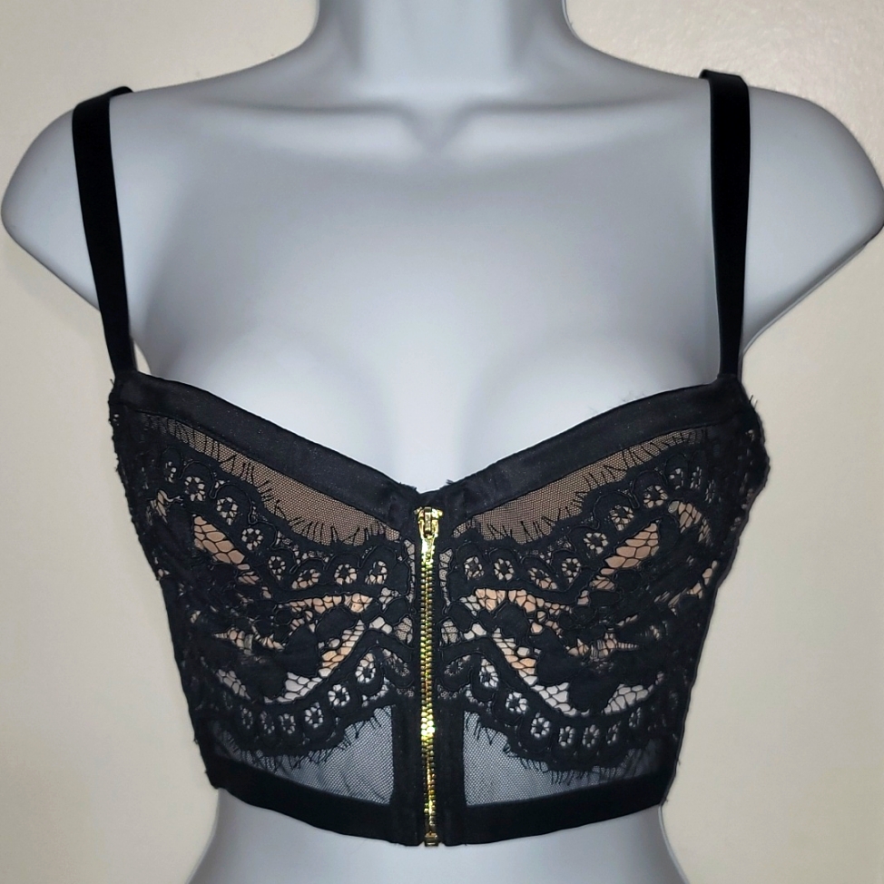 Victoria's Secret Black & Beige Lined Demi Buste Double Bra. Zip Front 32c. Nwot